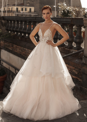 Beaded Spaghetti Straps Lace Glitter Tulle Wedding Dress